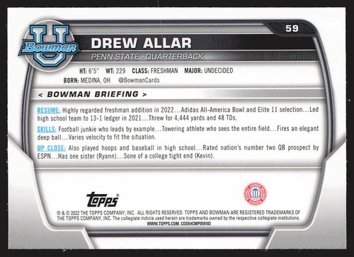 2022 Bowman University Chrome #59 Drew Allar - 第 2/2 張圖片