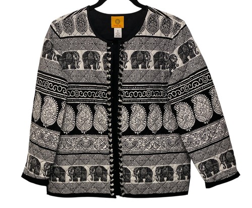 Lightweight Quilted Cotton Jacket-Women's 8-Ruby Rd.-Elephant Print-Black White - Picture 13 of 14