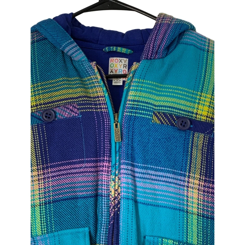 Womens Roxy Winter Hood Insulate Jacket Plaid Size S Zip Logo Lined Blue 6362 - Image 2 of 4