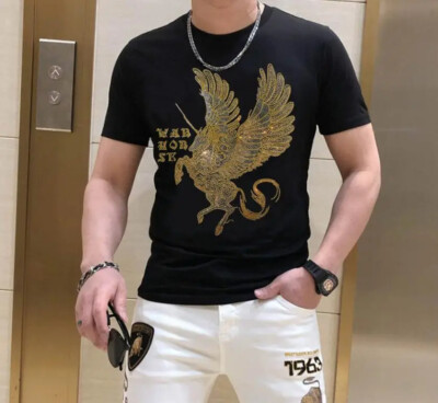 New Fashion Trend Horse Wings Hot Diamonds Rhinestones Summer Luxury Men T-Shirt