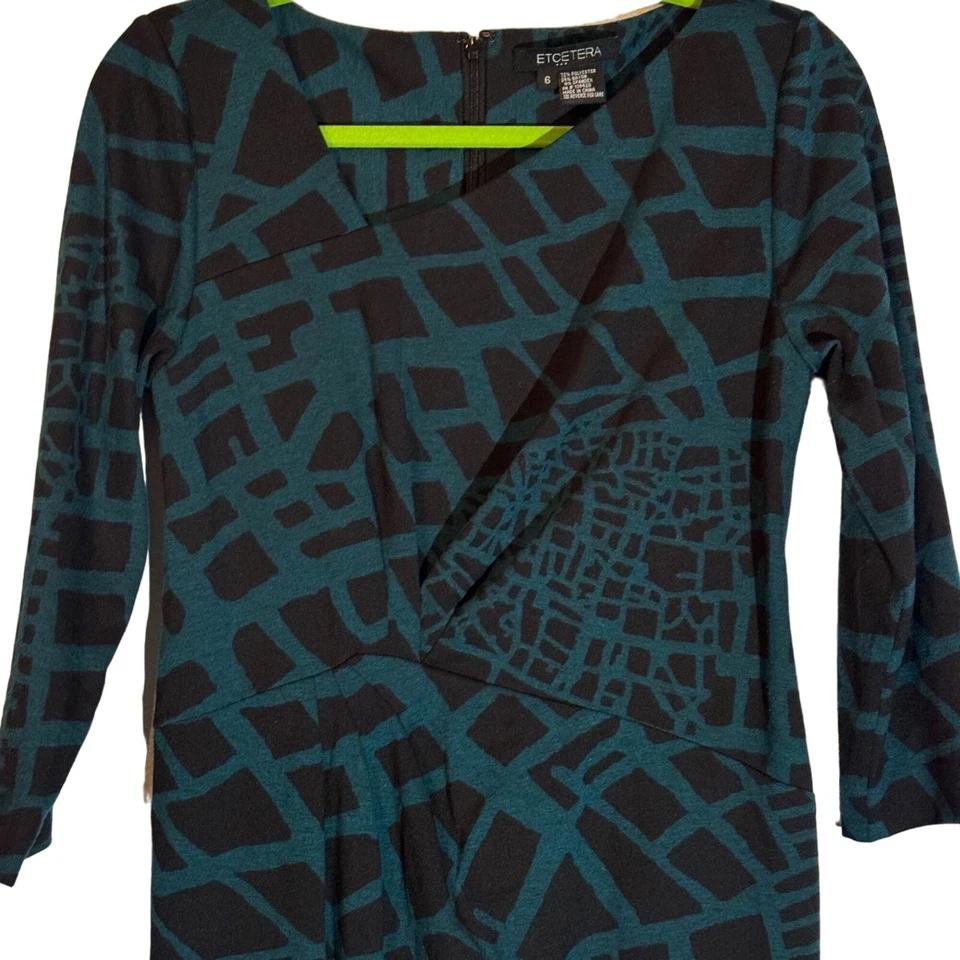 Vestido Etcetera manga 3/4 talla 6 negro y verde azulado estampado geométrico Foto 4 de 4