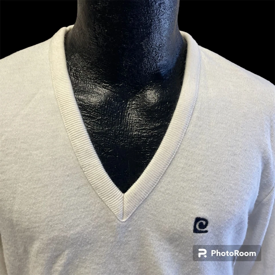 De Colección Años 70 80 Pierre Cardin Paris Para hombres Blanco Cuello en V Pullover LOGO Suéter Camisa L Foto 2 de 4