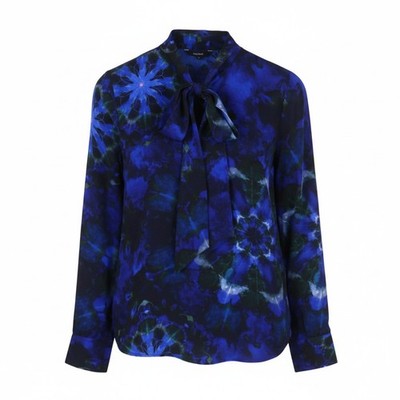 DESIGUAL Kency Women's Blouse M Blue Tie-Dye Bow Collar Long Sleeve Shirt *