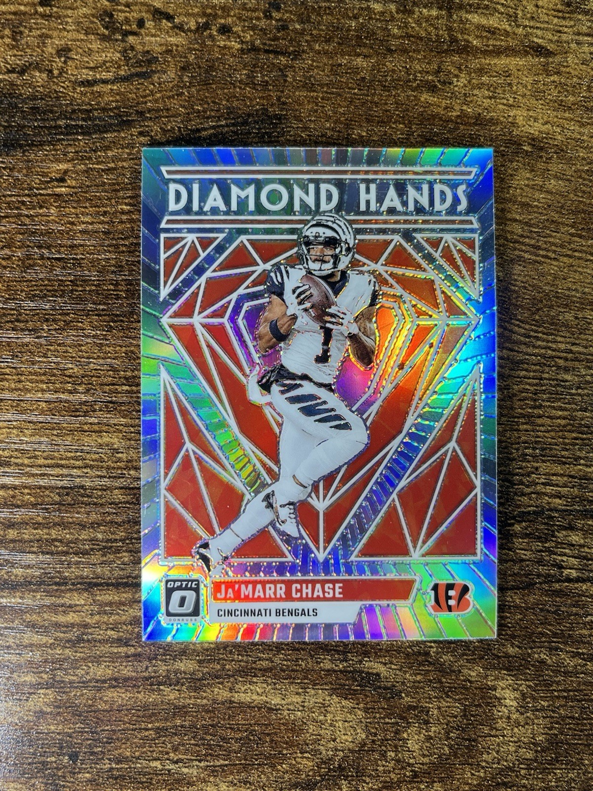 Ja’Marr Chase #DH-JC Football Cards 2023 Panini Donruss Optic Diamond Hands trading card — raw and PSA graded price guide