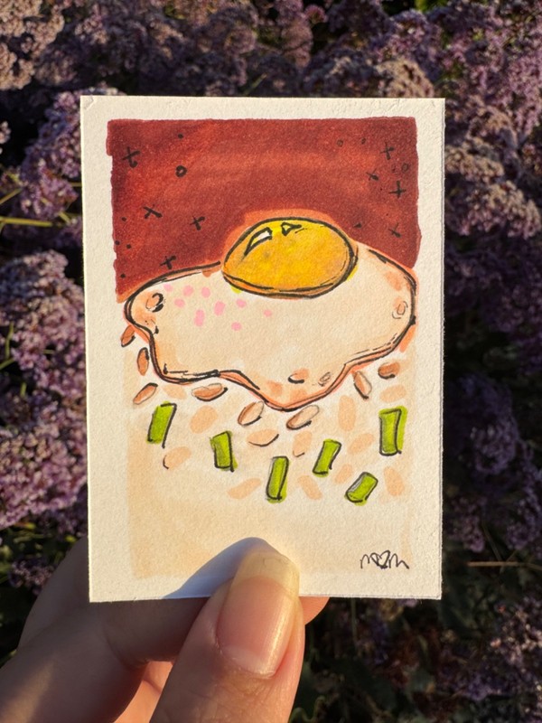 ACEO Original Painting Artist Trading Card, Fried Egg Over Rice ATC 2.5x3.5”