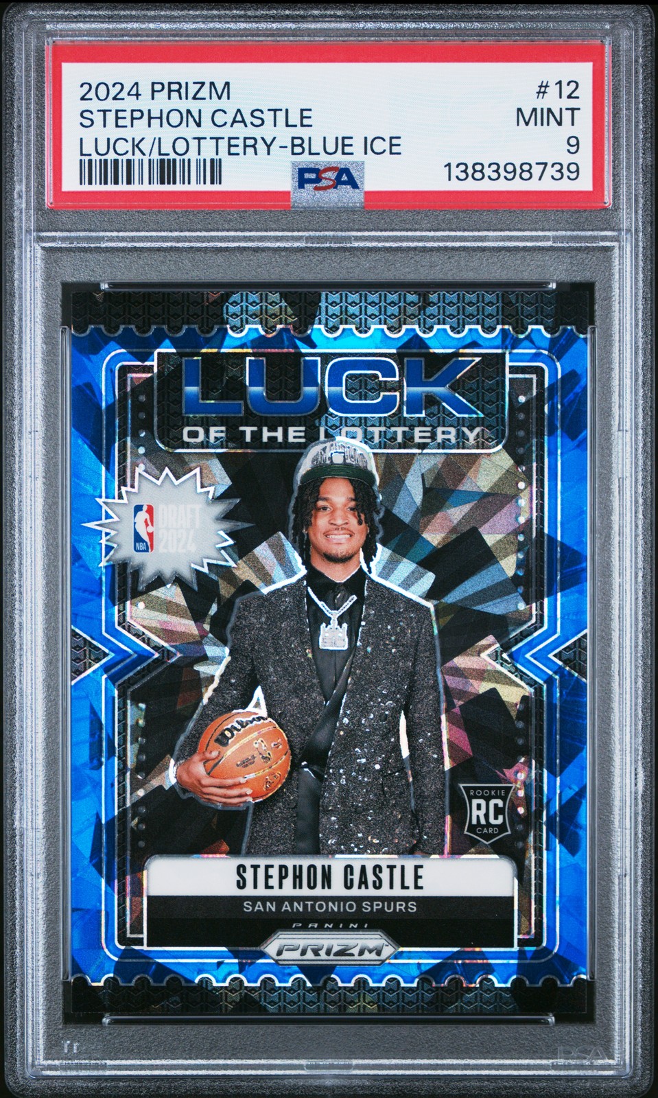 2024 PANINI PRIZM LUCK OF THE LOTTERY BLUE ICE #12 STEPHON CASTLE 19/125 PSA 9