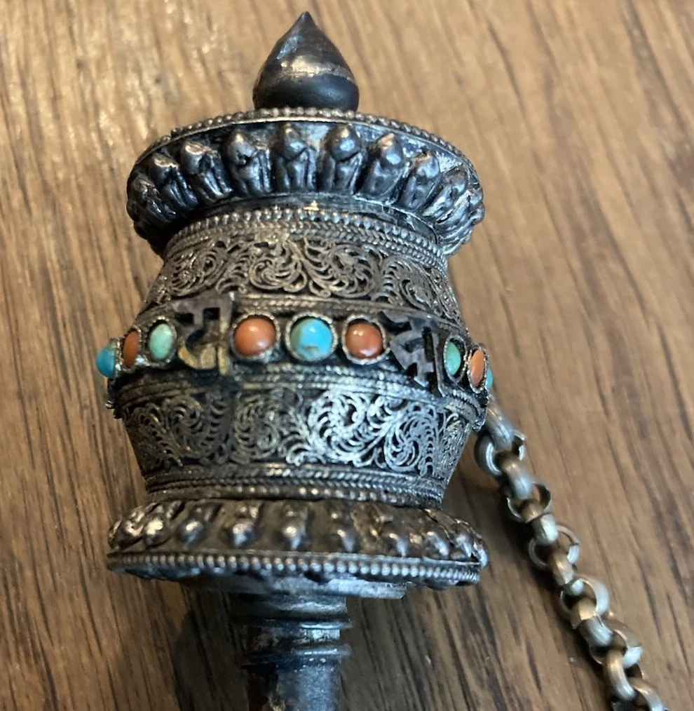 Vintage Tibetan Prayer Wheel w/paper prayer,Coral Turquoise Silver Filigree 6.5”