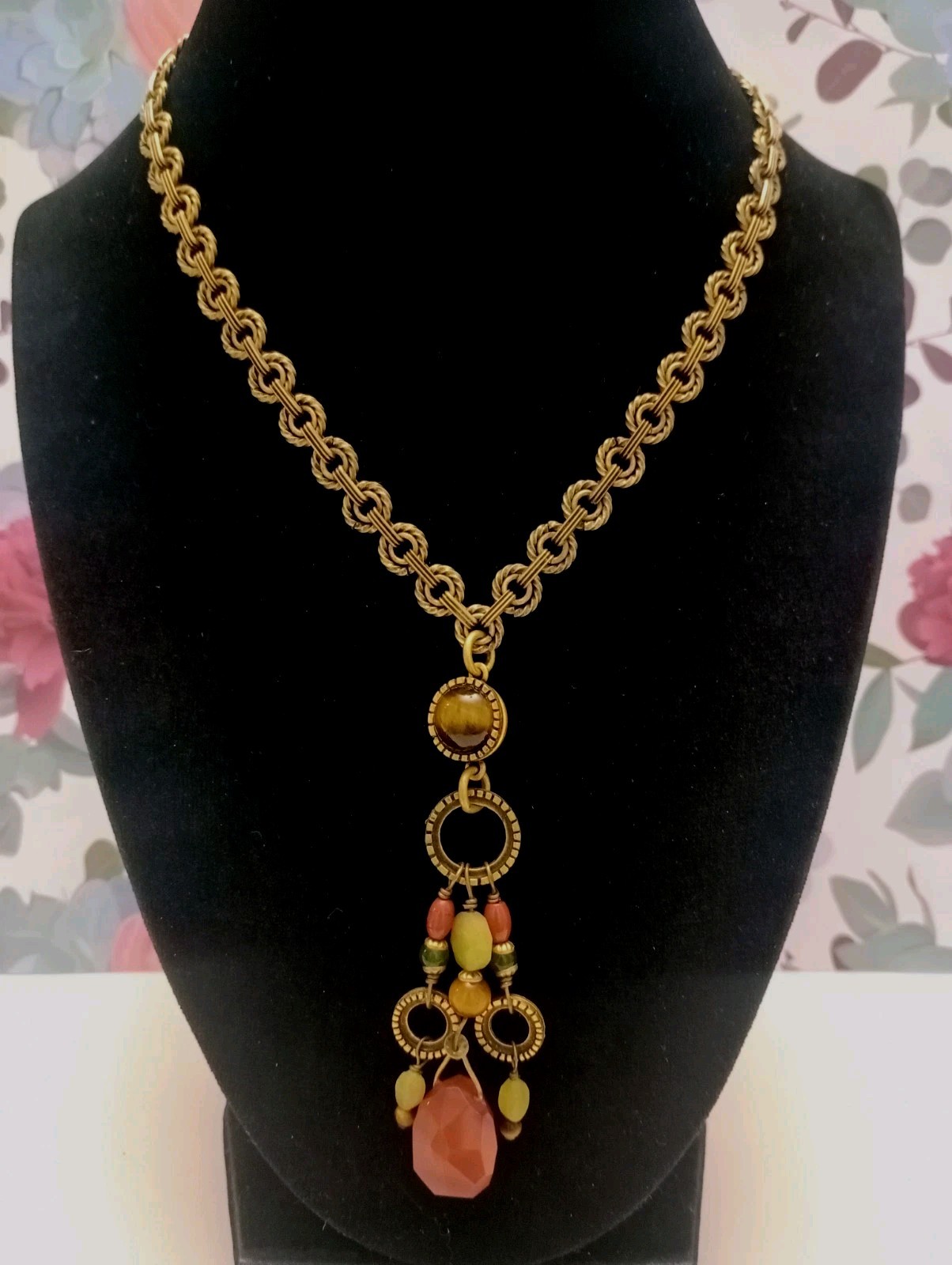Vintage Michal Golan Bronze Tone Multicolor Natural Stone Bead Necklace