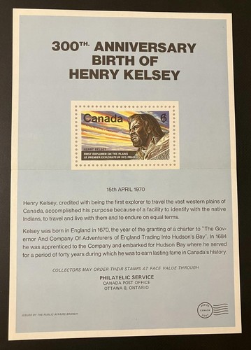 Canada post office new issue poster Kelsey, explorer 1970 [800