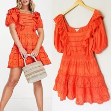 ASOS Miss Selfridge Eyelet Frill Ruffle Mini Dress US 14 Burnt Orange Cotton $65