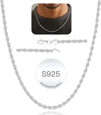 925 Sterling Silver Solid 2.5Mm 3Mm 4Mm Rope Chain Necklace for Men Boys, Sturdy