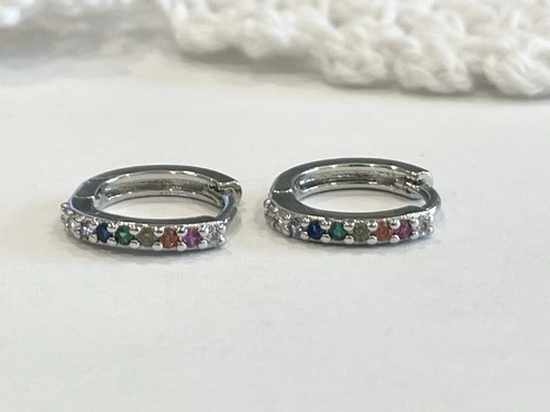 Sterling Silver Rainbow Pavé Small Huggie Hoop Earrings Multicolor Gemstones