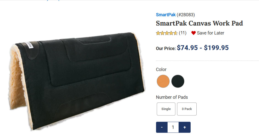 SMARTPAK BLACK WESTERN CANVAS WORK FLEECE SADDLE PAD 33x32x 1''