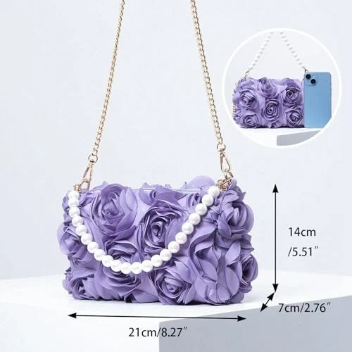 Cartera con embrague para mujer, bolso de mano de noche floral 3D de gasa, púrpura con cuentas perladas Foto 2 de 4