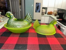 Indiana Glass Three Piece Set Of Lime Hen On Nest Read!! VTG Satin Lime