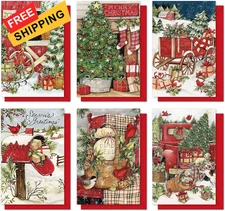 Whaline 36 Pack Vintage Christmas Greeting Cards Retro 4 x 6 Inch, Green, Red 