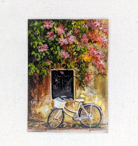 Original Acrylic Painting ACEO OOAK Vintage Bicycle Flowers Miniature Art