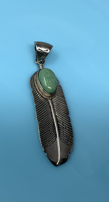 Vintage Large Native American Navajo Feather Stone Sterling Silver Pendant 14.2g