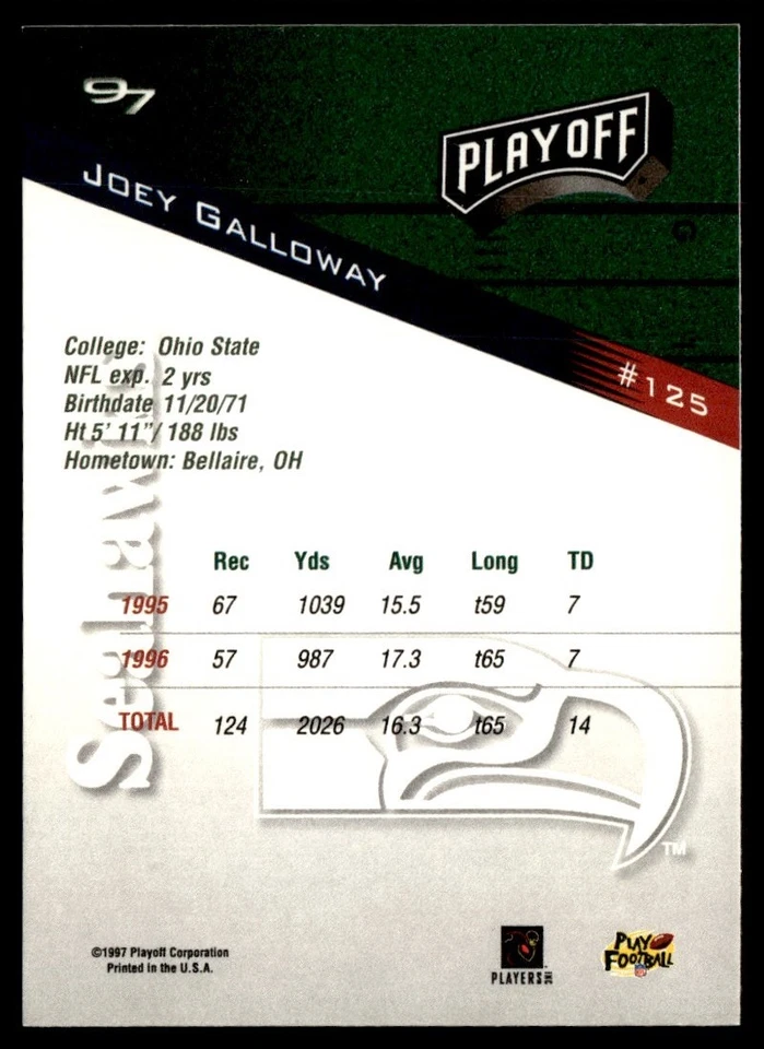 1997 Playoff Zone Joey Galloway Seattle Seahawks #125 - Image 2 of 2
