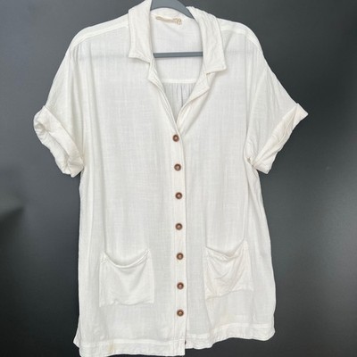 Millibon White Linen Blend Button Down Short Sleeve Tunic Shirt Womens Large