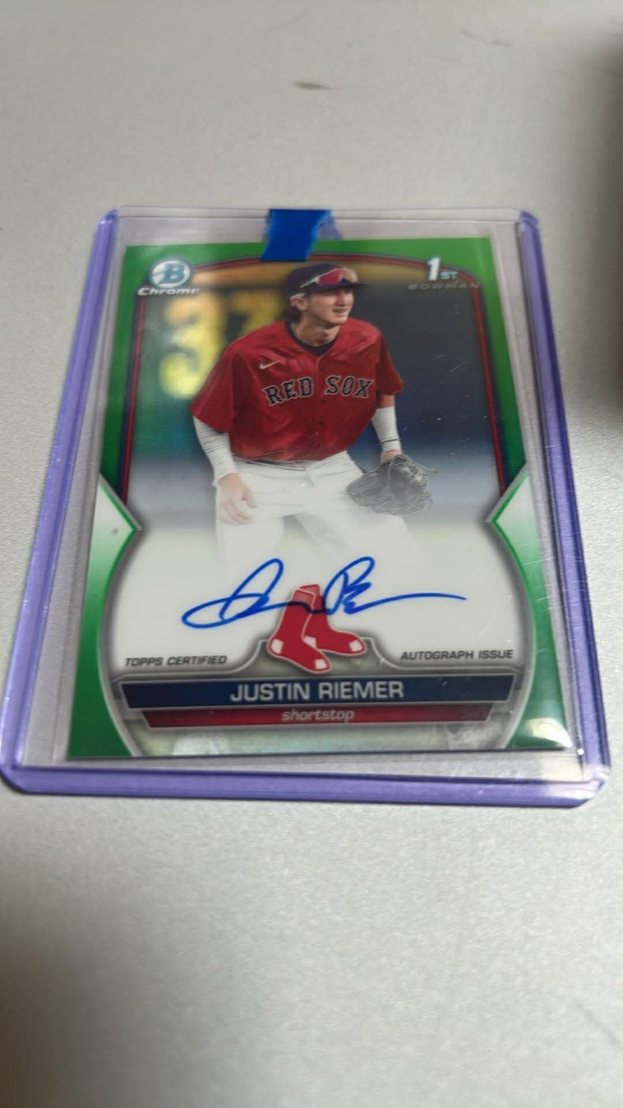2023 BOWMAN CHROME 1ST JUSTIN RIEMER GREEN AUTO CARD #D 82/99