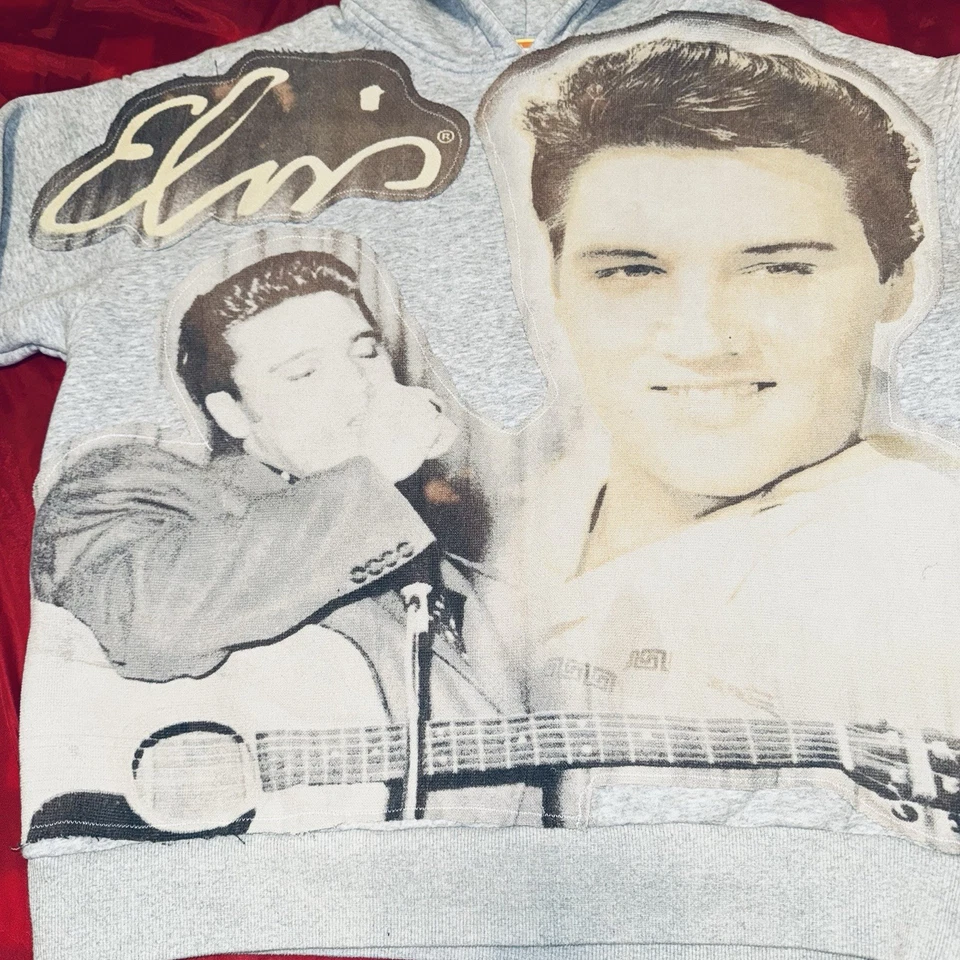 复古 Upcycled 连帽衫男式 XL 猫王吉他音乐毛巾切割缝制灰色 — 第 3/4 张图片