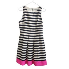 Eliza J Dress 12 Navy White Stripe Pink Hem Nautical Fit & Flare Preppy Party