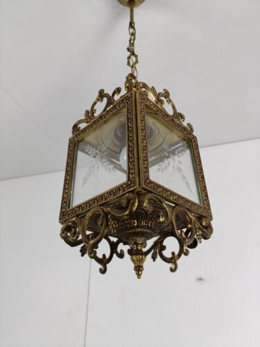 Hallenlampe Kronleuchter geätztes Glas Vintage Hängeleuchte Deckenmessing - Bild 6 von 11
