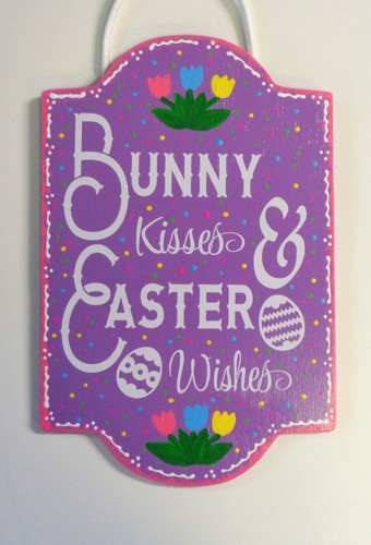 BUNNY KISSES & EASTER WISHES Sign Wall Art Door Hanger Plaque Spring Decor - Picture 2 of 2