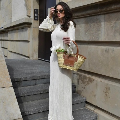 Flare Sleeve Round Neck White Maxi Dress Fashion Lace Up Elegant Long Dresses - Bild 4 von 21