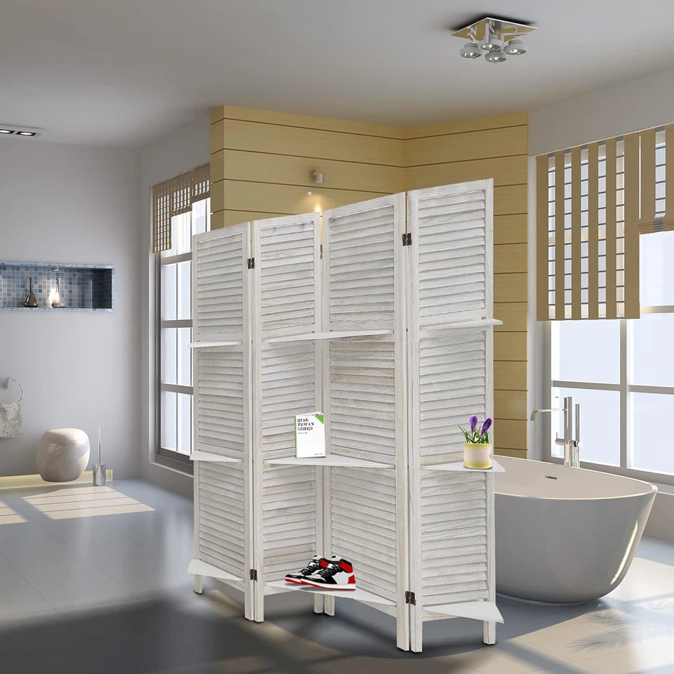 4 Panel 5.6FT Wooden Room Divider Folding Privacy Screen Partition W/ Shelves - Image 4 of 4