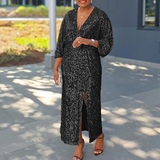 Sequin Maxi Wrap Dress for Women V-Neck Glitter Clubwear Party Outfits Dresses