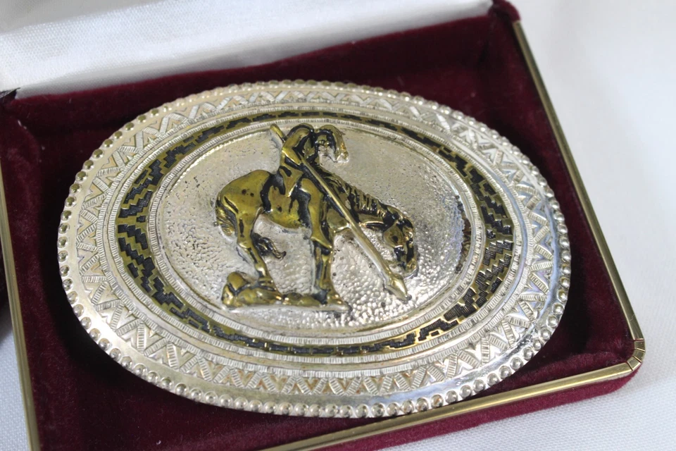 Винтажный Crumrine ремень пряжка конец след индийский тяжелый серебряная пластина бронза большой в коробке - Изображение 3 из 4