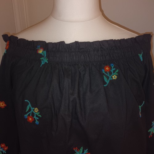 Papaya Size 14 Bardot Off Shoulder Black Top Floral Embroidery Cotton Festival - Picture 2 of 9