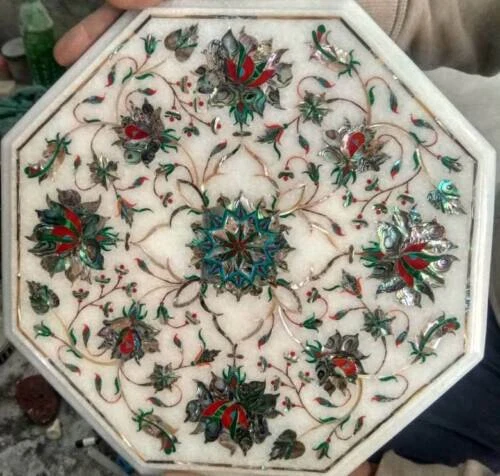 Mesa de mármol esquinera octogonal de 12"" con incrustación de café piedra semipreciosa antigua Foto 3 de 4