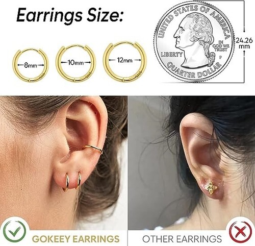 3 Paar 8 mm/10 mm/12 mm plattiert 14K Echt Gold Reifen Huggie Ohrringe Set, Stil #D - Bild 3 von 5