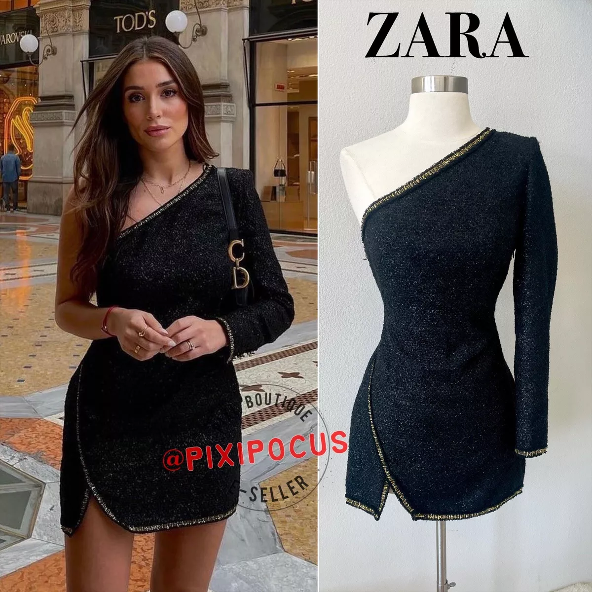 ZARA NEW ASYMMETRIC TEXTURED SHOULDER PAD MINI DRESS GOLD BUTTONS BLACK S SMALL