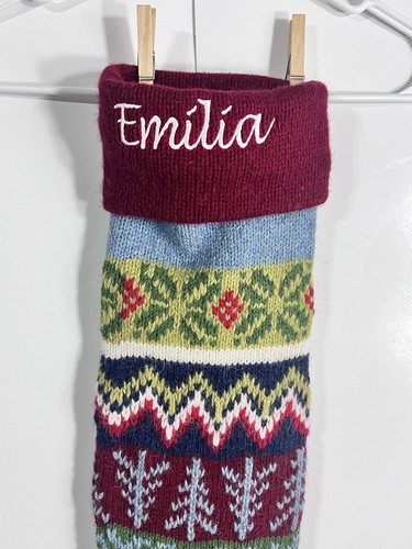 Christmas Handmade Knit 100% Wool Nordic Design 29” Stocking Emilia Embroidered - Picture 4 of 8