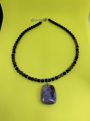 Amethyst Beaded Necklace 17  Handmade Gift For Her Black Jasper Beaded Purple
