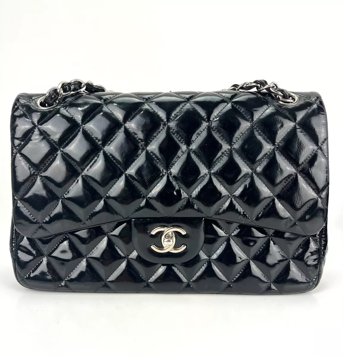 CHANEL Classic Jumbo Double Flap Quilted Black Patent Leather Bag