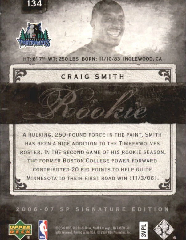 B4023- 2006-07 SP Signature Edition #134 Craig Smith RC /299 - NM-MT - Image 2 of 2