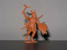 Marx Indian with Tomahawk, Shield, and Bow. 54mm Red-Brown plastic