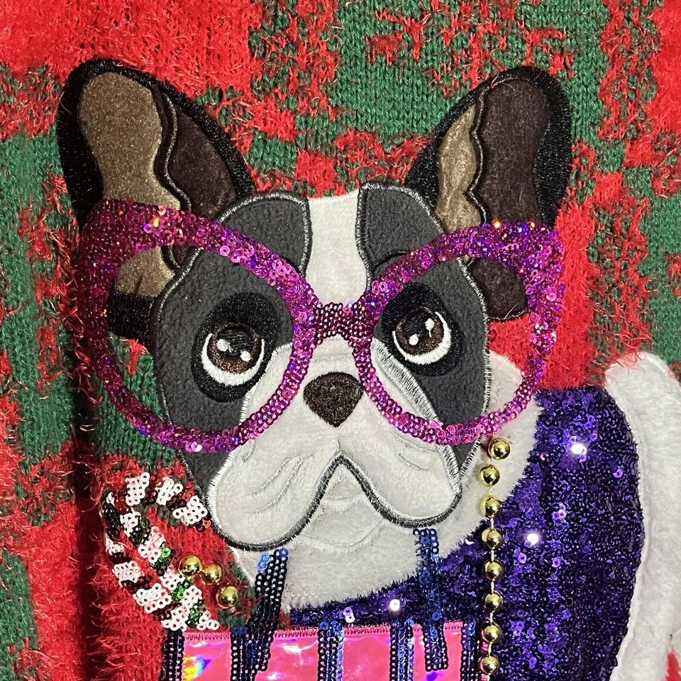 Holiday Christmas Sweater Plus Size Tag XL 16 18 Fits 2X Dog Frenchie