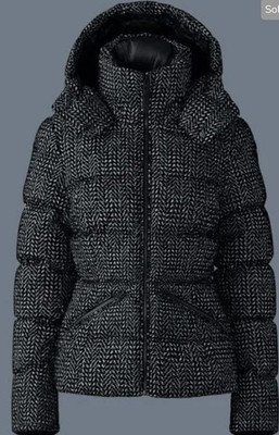 Mackage Women's Herringbone Hooded Down Puffer Jacket Black White Size M