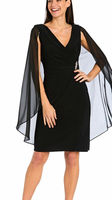 R&M Richards Black V-Neck Cape Sleeve Sheath Chiffon Rhinestone Dress 18 Plus