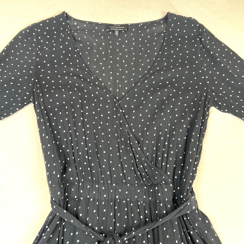 Lucky Brand Wrap Dress XS Black White Polka Dot Short Sleeve Belted Lined Boho - Image 2 of 4
