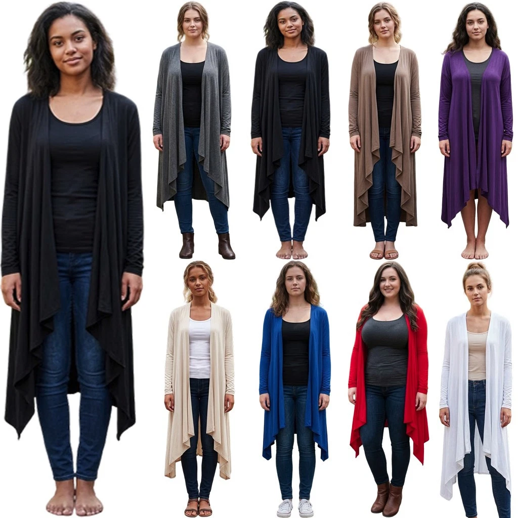 Ladies Open Front Long Cardigan Waterfall Drape Irregular Hem Jacket Top