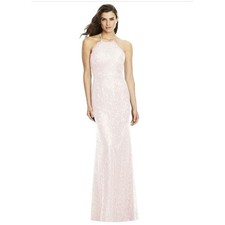 NWT Dessy Halter Criss Cross Open-Back Lace Trumpet Gown in Blush Sz 6