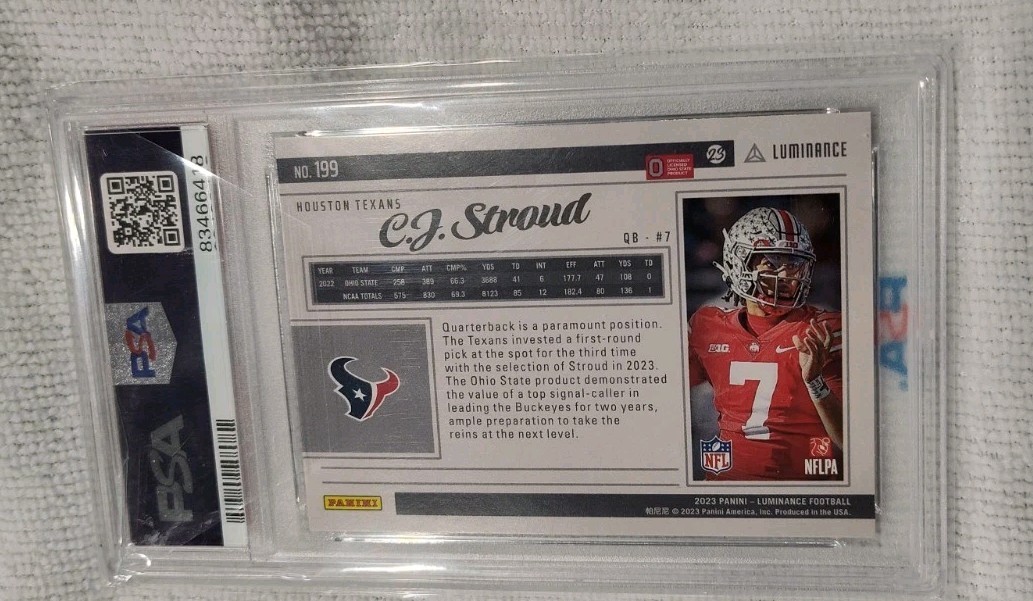 2023 Panini Luminance #199 CJ Stroud GREEN 86/100 Rookie PSA 10 GEM-MT Texans view 2