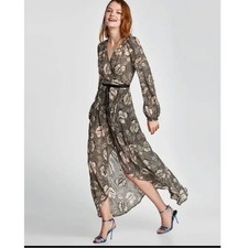 Zara Women's Small Floral Print Sheer Flowy Beaded Long Sleeve Maxi Wrap Dress